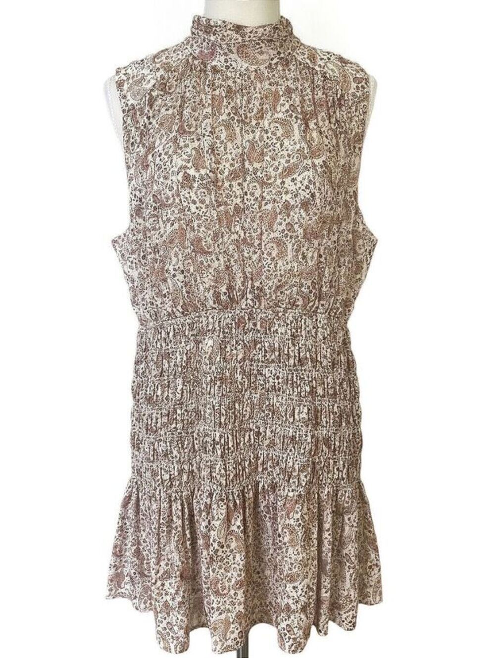 House of Harlow 1960 Paisley Metallic Smocked Mini Dress Large Ruffle Mock Neck